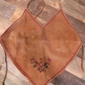 Embroidered Genuine Leather Lined Halter Crop Top with Tie Back